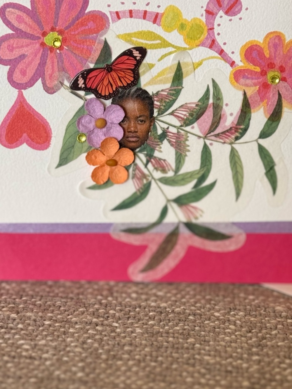 Handmade, one of a kind, -Floral Greeting Card - Pink Red Botanical Design. - Picture 2 of 6
